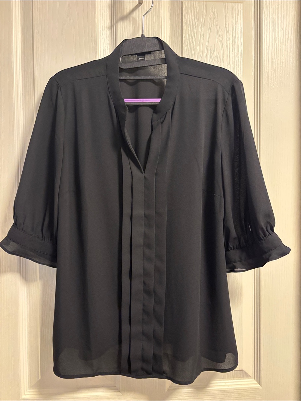 Ann Taylor Black Pleated Band Collar Blouse